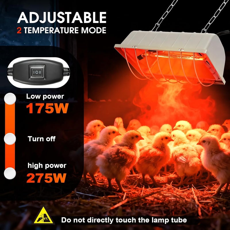 WISMOIER Chicken Coop Heat Lamp Carbon Fiber Tube,Adjustable 2-Level Temperature Brooder Heater Lamps for Chicks,Hanging Chicken Warmer for Livestock Dog Kennel,Cat House,Rectangle 175W/275W - Image 3